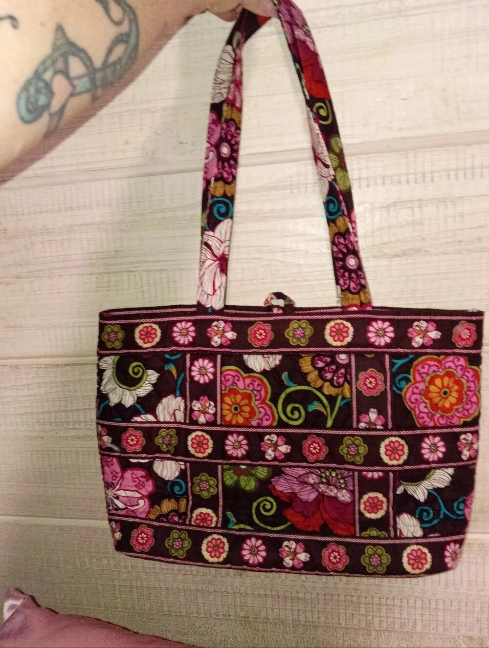 Vera Bradley Quilted Floral Patchwork Tote — Pink, Brown & Teal